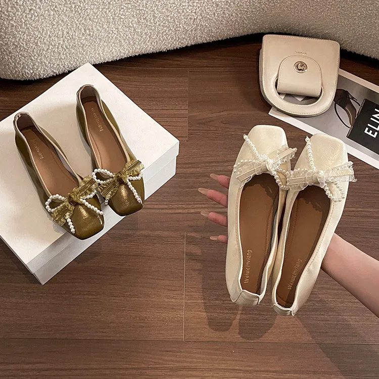 精致女鞋法式方头单鞋女秋季新品浅口仙女蝴蝶结珍珠平底豆豆鞋