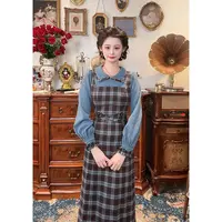 现货一生罗曼【布鲁特调】法式秋季气质假两件格纹拼接连衣裙L1537