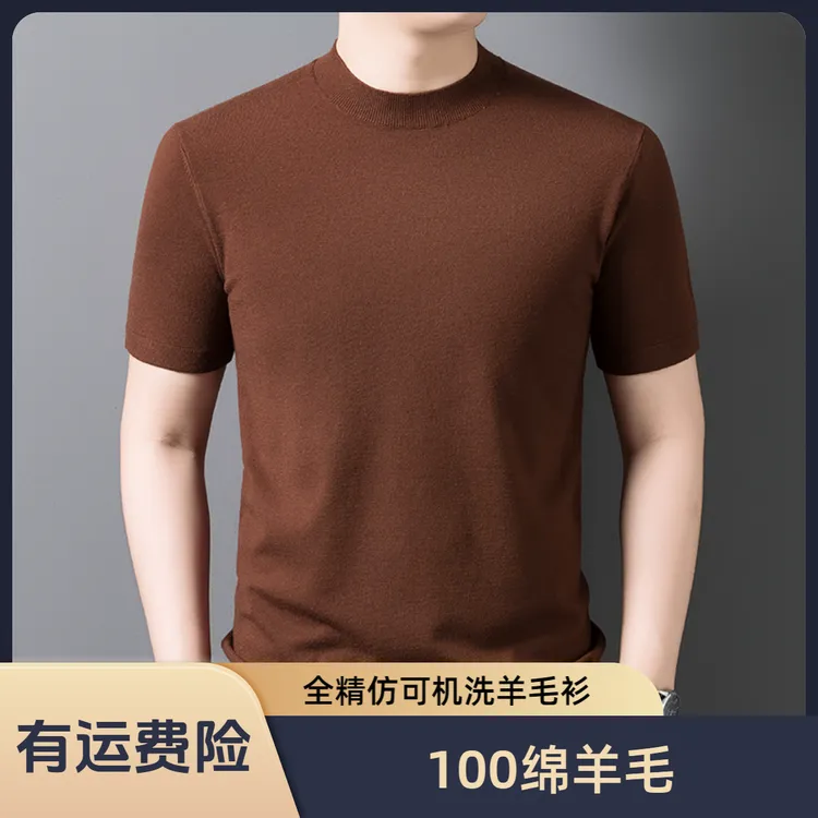 100绵羊毛男士短袖羊毛衫全精纺秋冬半高领纯色可机洗打底针织衫