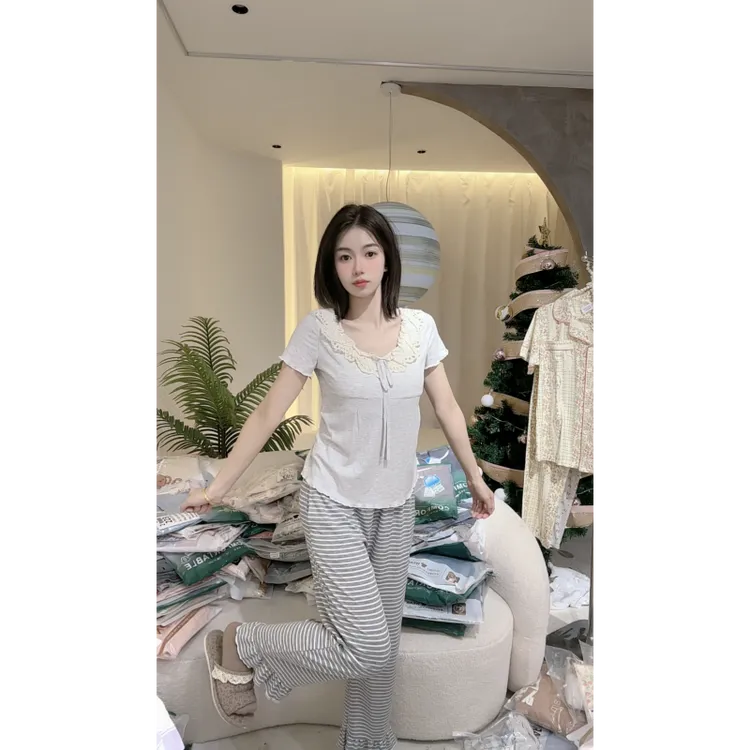 【韩式芭蕾】甜美蕾丝带胸垫女士夏季舒适短袖短裤家居服睡衣套装