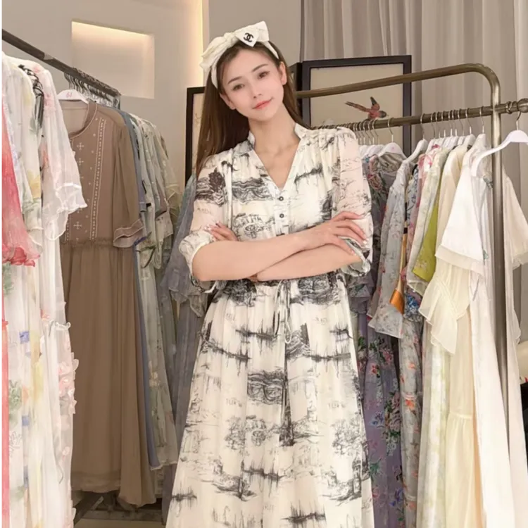 水墨佳人轻奢真丝桑蚕丝印花连衣裙82395100