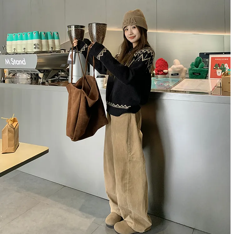 卡其色美式高街休闲裤女冬季休闲直筒宽松垂感灯芯绒拖地长裤