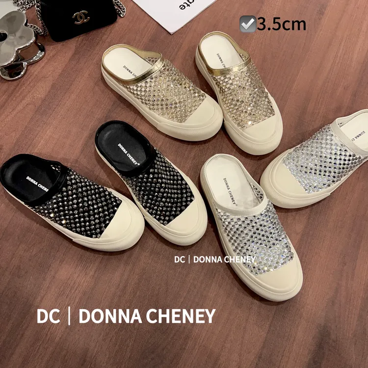 DONNA CHENEY镂空钻面拖鞋2025夏季羊皮垫编织网包头休闲拖鞋