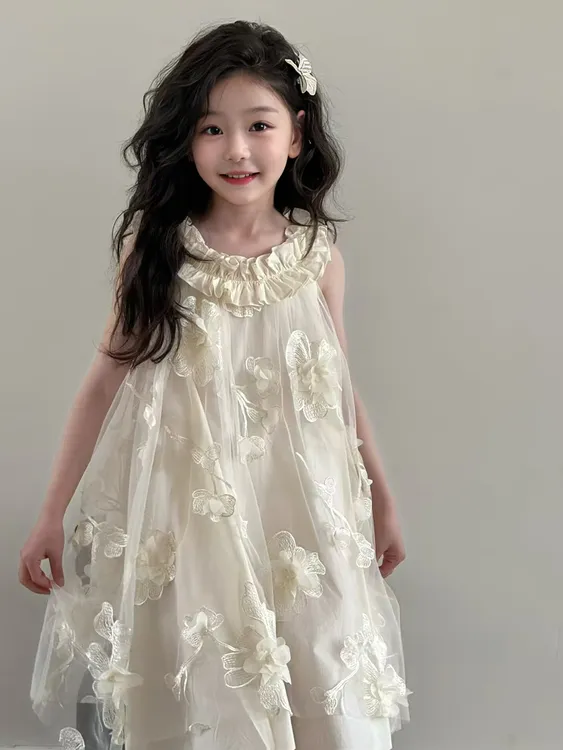 短袖女森系夏季纯色碎花连衣裙夏装刺绣女童蕾丝纱裙甜美女童裙子