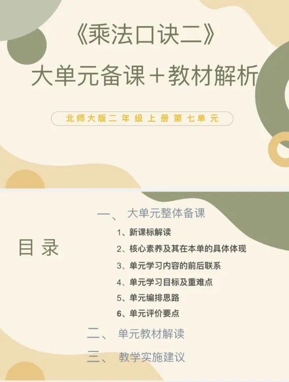 北师大PPT/2上7单元《乘法口诀二》大单元备课教材解析38页发网盘