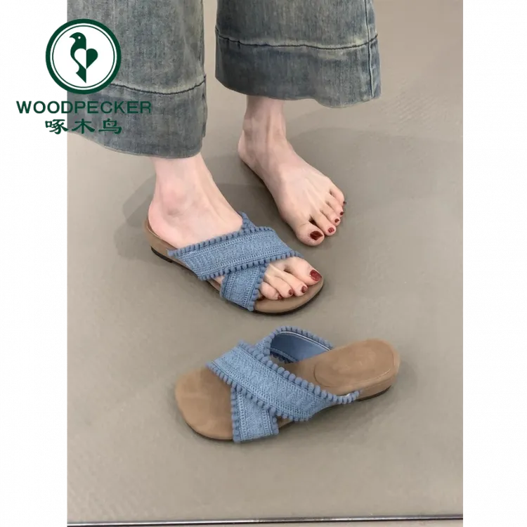 啄木鸟罗马编织交叉拖鞋女2025年夏季波西米亚度假沙滩坡跟凉拖鞋