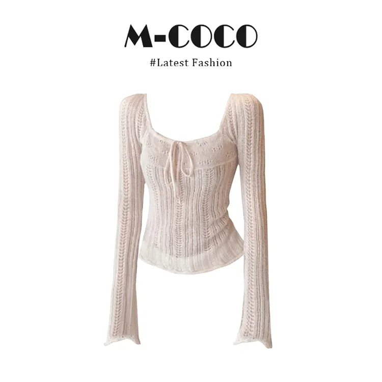 MARIE.COCO甜美温柔风粉色系带镂空长袖T恤女秋季漂亮针织衫上衣