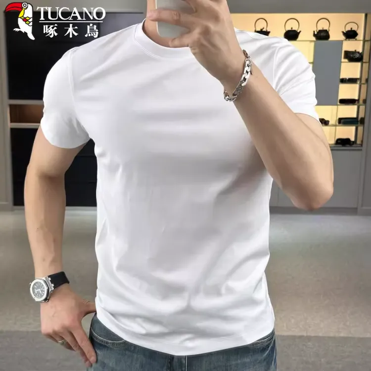 啄木鸟男士短袖t恤2025夏季新款百搭休闲修身简约弹力圆领半袖