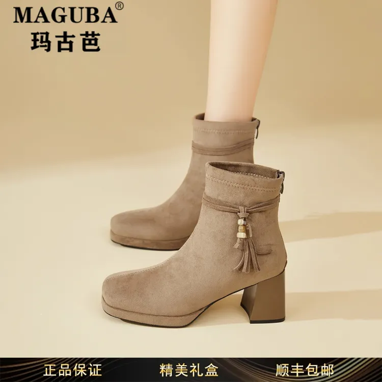 玛古芭女鞋秋冬中筒高跟加绒马丁靴女复古流苏粗跟防滑保暖瘦瘦靴