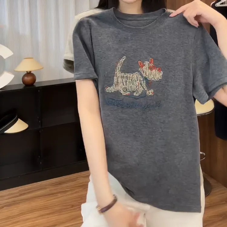 【线条小狗】春夏新款韩版风正肩短袖T恤女款时尚百搭LK2501730
