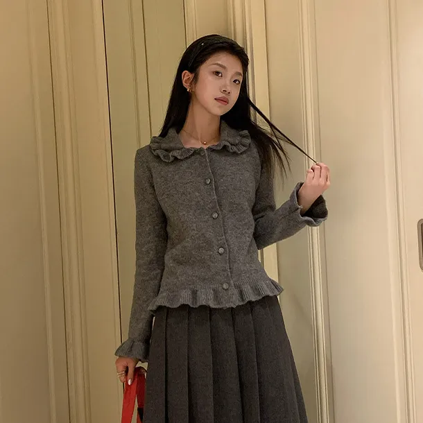 Multi Math花边上衣/秋冬羊毛针织衫重工荷叶领休闲软糯长袖毛衣