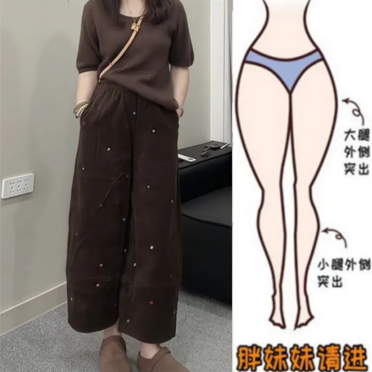 格洛森秋季新款高腰显瘦九分阔腿裤时尚设计感宽松爱心刺绣休闲裤