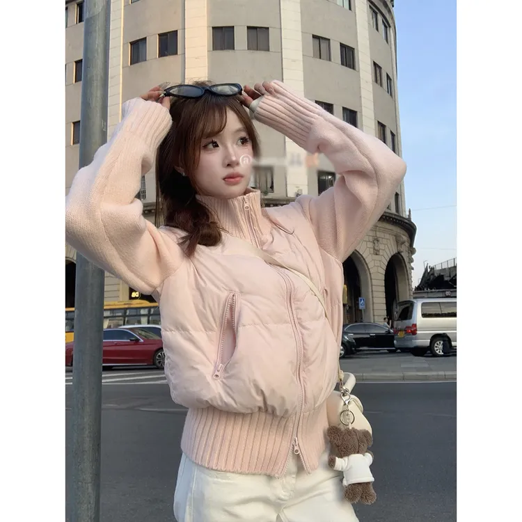 灰色针织拼接短款时尚棉服女冬季2025新款棉衣外套设计感立领上衣