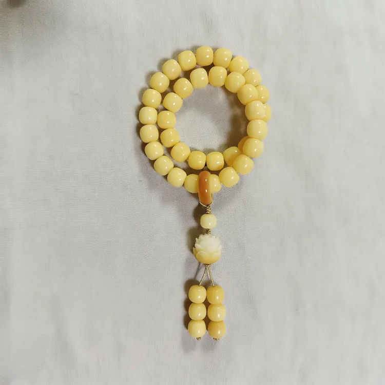 天然奶黄菩提根桶珠莲花简约百搭适合男女学生文玩盘玩跑环莲花