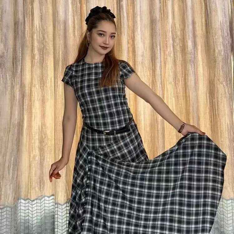 无袖连衣裙格子格纹夏季复古裙子气质不规则裙背带款