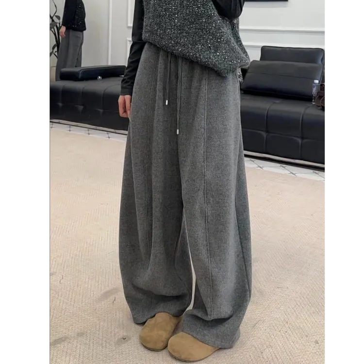 松紧腰抽绳弯刀呢子长裤拖地裤女2025冬季新款加绒毛呢韩版阔腿裤