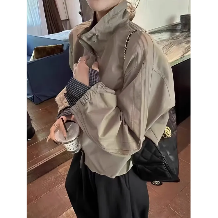 欧洲立领格子拼接棒球服短外套女2025秋季新款时尚百搭夹克上衣潮