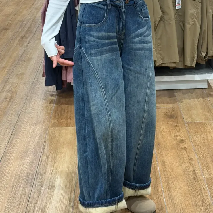 加绒加厚蓝色弯刀牛仔裤女冬季新款大码胖mm高腰显瘦宽松阔腿裤子