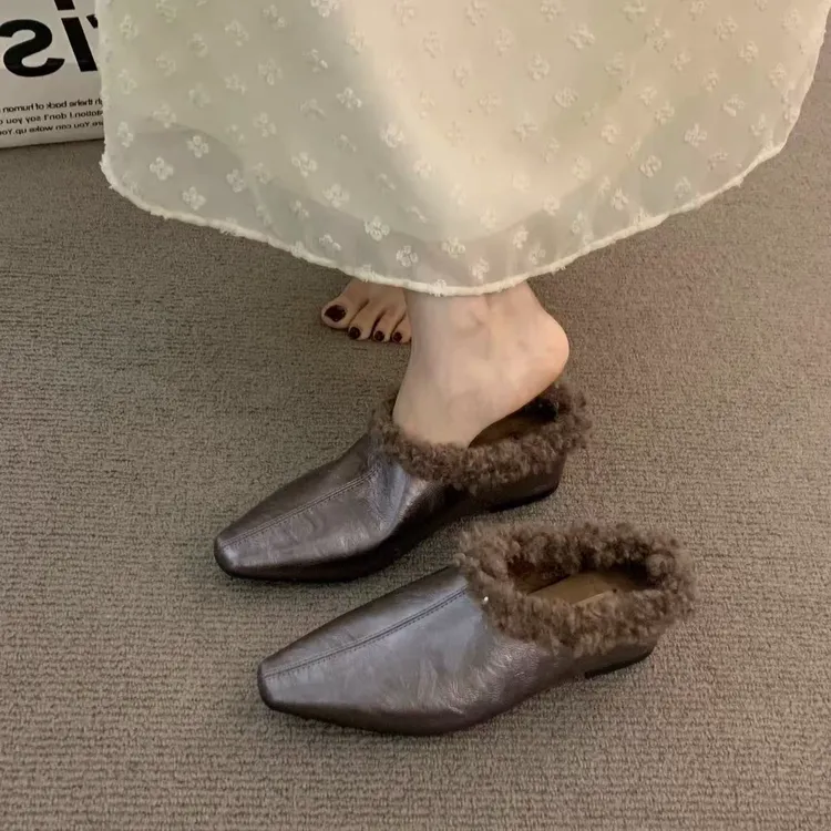 网红黑色韩版方头包头拖半拖复古时尚加绒保暖尖头毛毛鞋秋冬新款