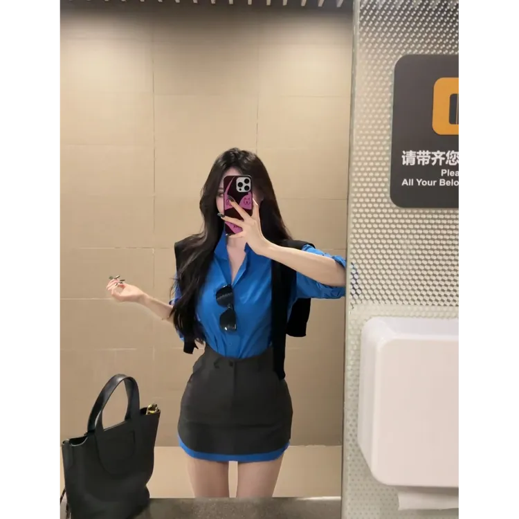 2025早秋新款纯欲韩系学姐ins感蓝色衬衫灰色半身裙披肩三件套