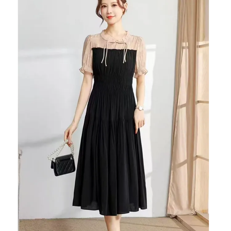 【W450杏色拼黑色】休闲时尚百搭洋气2025夏季新款短袖中长款连衣裙