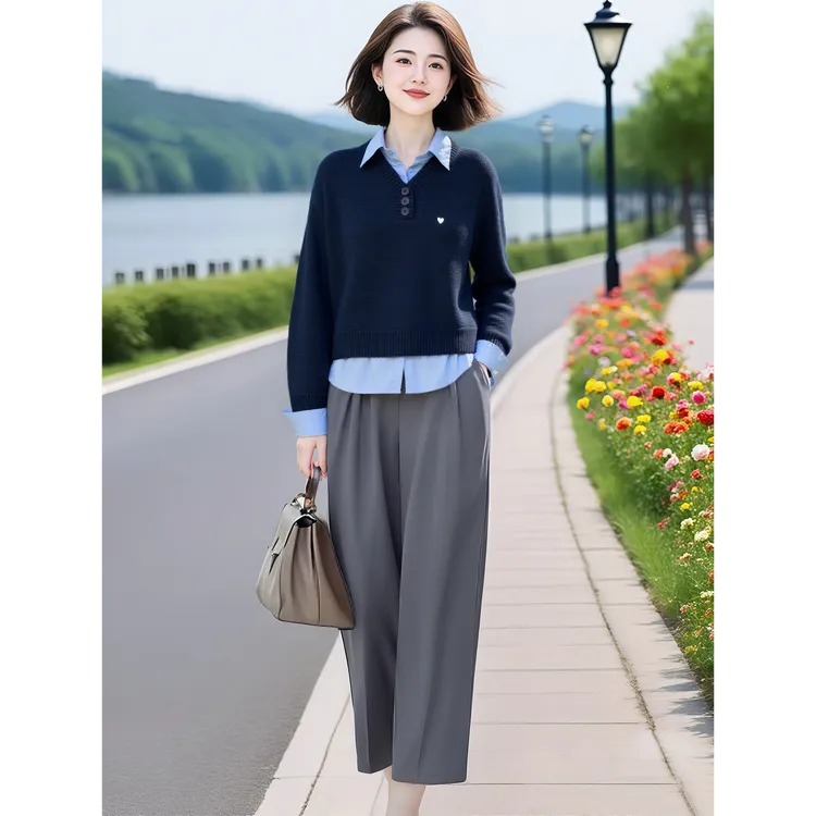 HH#【可搭套装】韩系时尚女衬衫叠穿针织衫搭休闲裤套装DY14903
