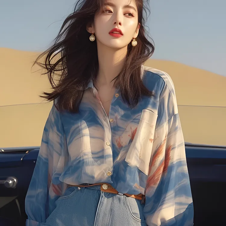 早春新款洋气独特超好看小众设计别致静奢上衣时尚蓝色晕染衬衫女
