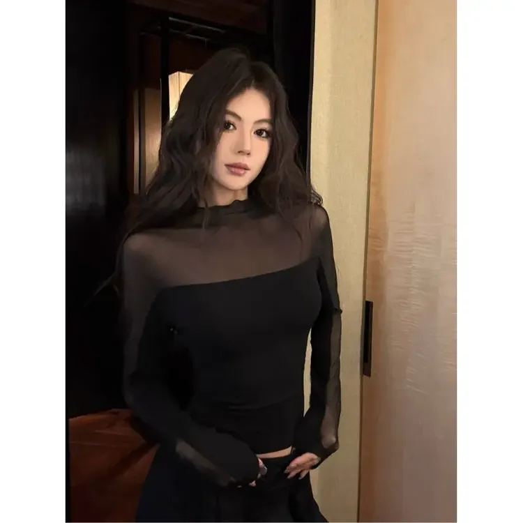 【现货】【6-8运补】纯欲辣妹半高领网纱上衣长袖T恤女秋冬+白色圆领