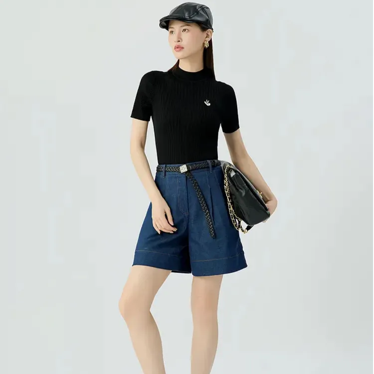 哥弟女装夏季时尚百搭修身显瘦正肩短款套头针织衫短袖t恤1399715