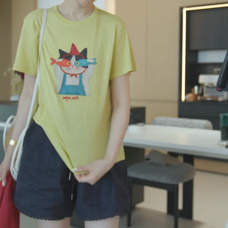 韩系夏季圆领显瘦印花短袖小猫爱吃鱼T恤+百搭短裤LK2502942