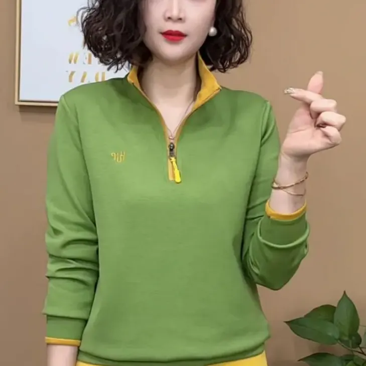 春季新款时尚百搭半拉链立领长袖上衣女气质显瘦减龄纯色打底衫女