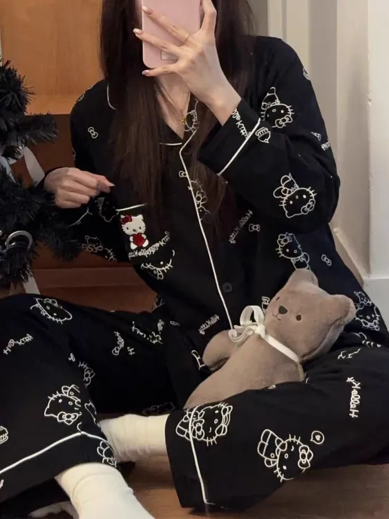 秋季长裤长袖卡通睡衣家居服套装不褪色薄款宽松大码黑色网红胖妹