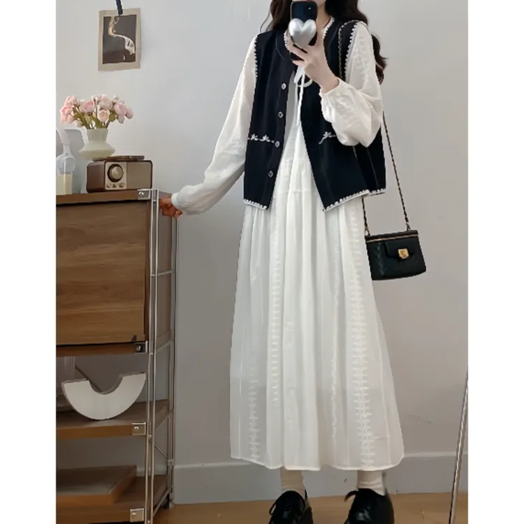 大码秋季新款胖MM温柔风法式黑色马甲宽松休连衣裙时尚优雅两件套