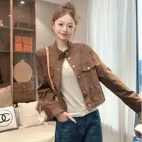 美拉德麂皮绒外套女上衣秋季新款开衫立领显瘦短款夹克复古短外套
