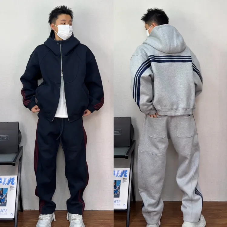 秋季美式超重磅550克短宽版Boxy解构三条杠运动休闲连帽卫衣套装