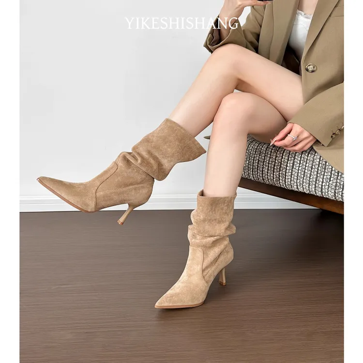 堆堆靴尖头高跟卡其色靴子女细跟2025新款尖头短靴高跟鞋显瘦中筒