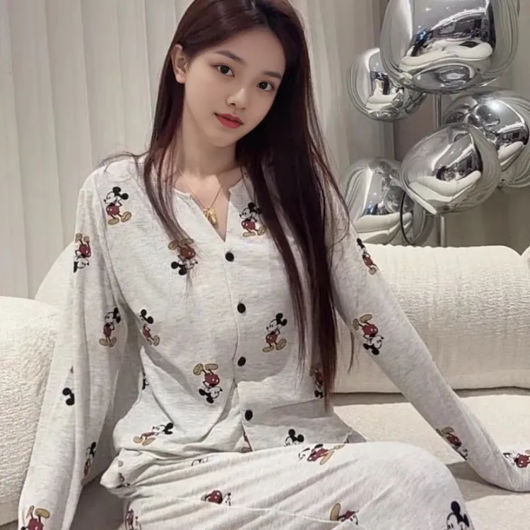 卡通可爱米奇亲肤螺纹代尔棉开衫长袖长裤睡衣女春秋季家居服套装
