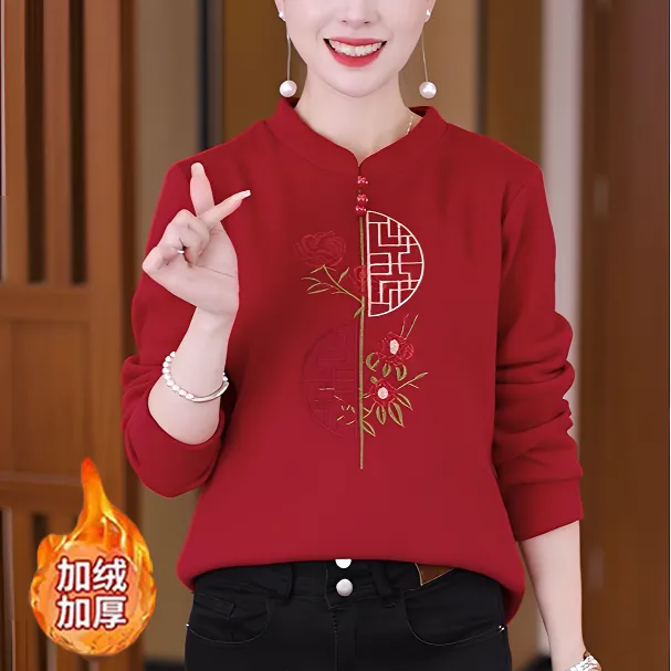 【新年富贵】冬季打底衫女士宽松一体绒保暖中老年上衣国风妈妈装
