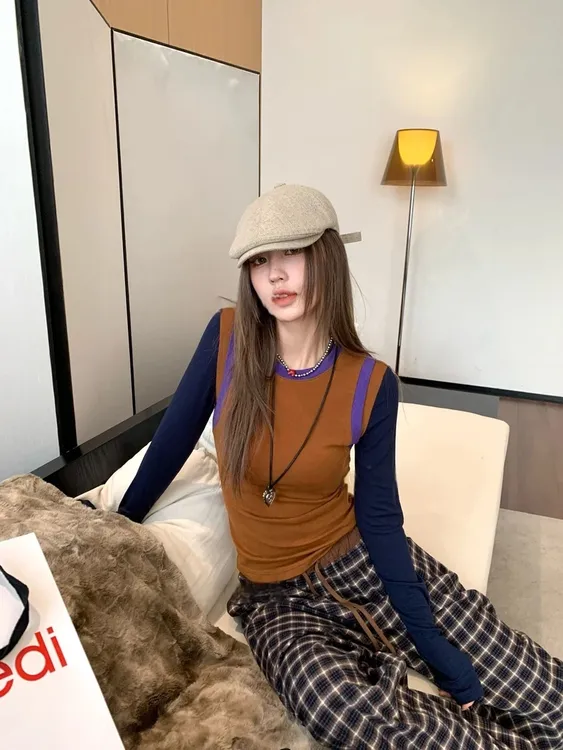 【天丝羊毛T】小众设计拼接假两件撞色长袖面膜T恤上衣女修身百搭