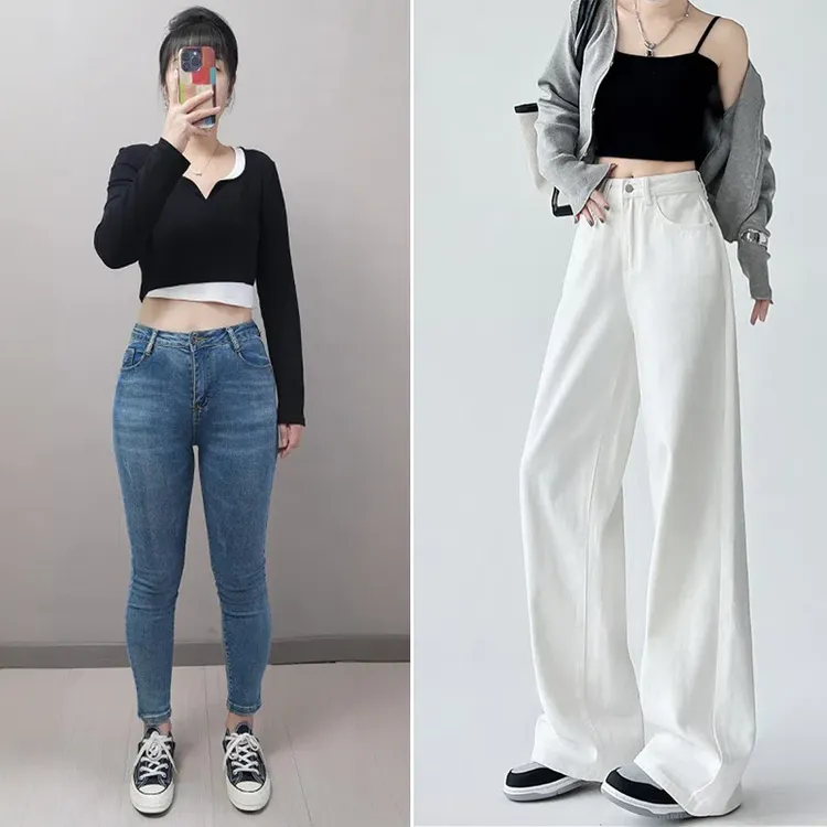 白色阔腿裤牛仔裤女春季2025年新款高腰显瘦垂感宽松拖地直筒裤子