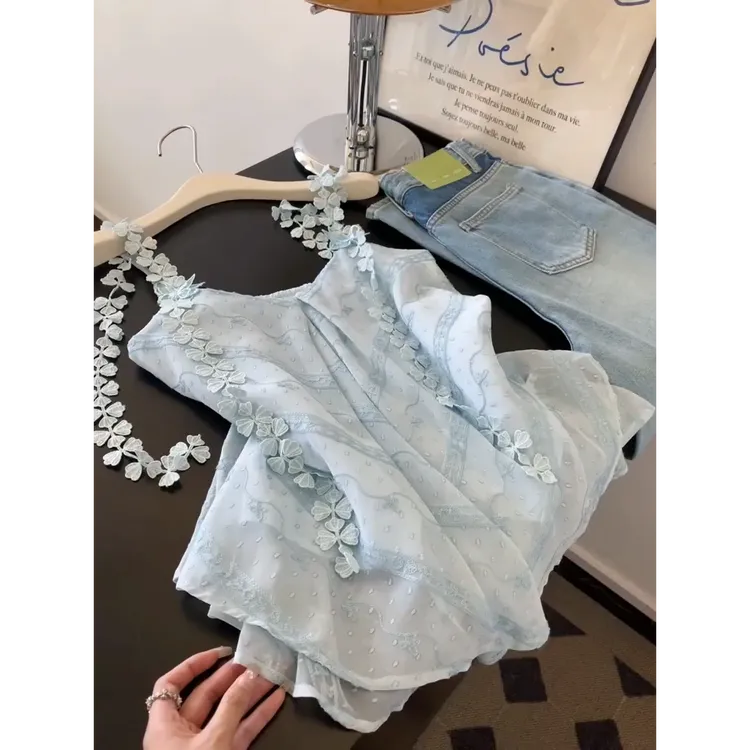 夏日绝美漂亮小吊带背心女夏外穿蓝色露背无袖上衣高级感2025新款