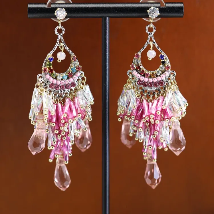 酪黎 铜合金仿水晶耳饰 粉色长款串珠耳环圆脸显瘦宫廷民族风国风