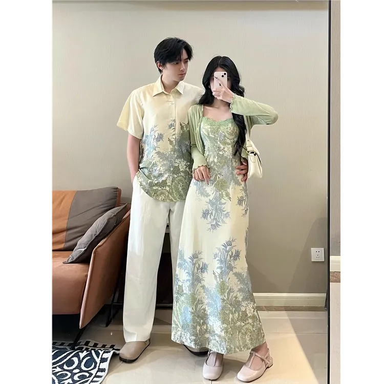 新中式情侣装夏季小众设计感短袖衬衫男女两件套法式一裙一衣潮流