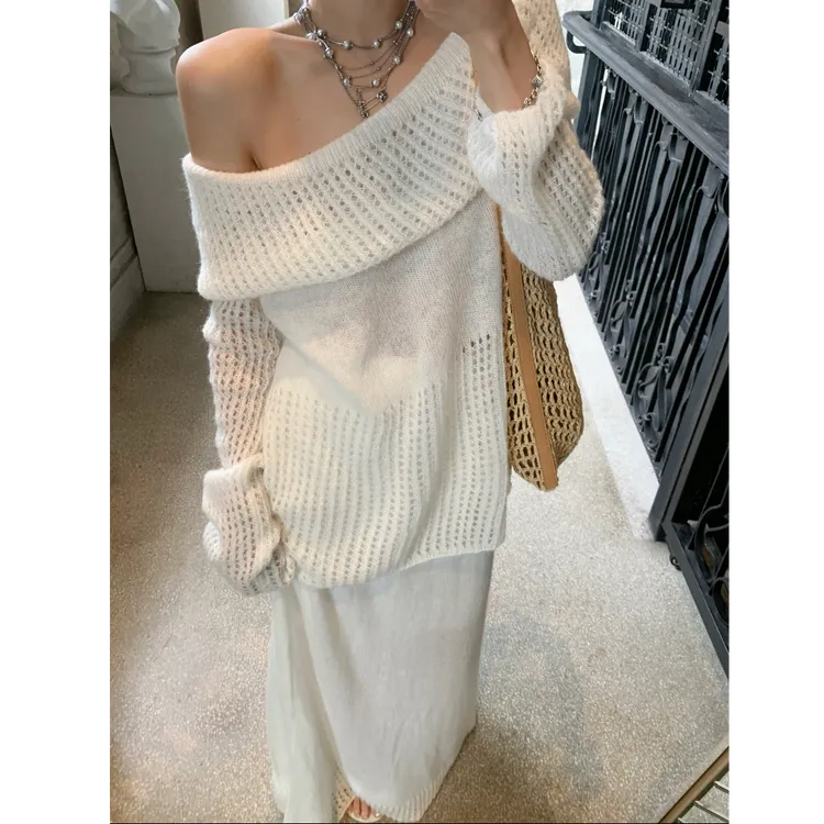 早秋新款露肩镂空微透针织上衣慵懒休闲风半身裙两件套装