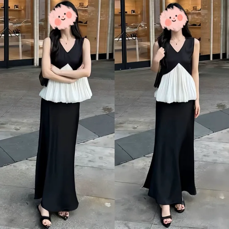 法式气质V领无袖上衣高腰半身裙套装2025新款夏季小众别致两件套