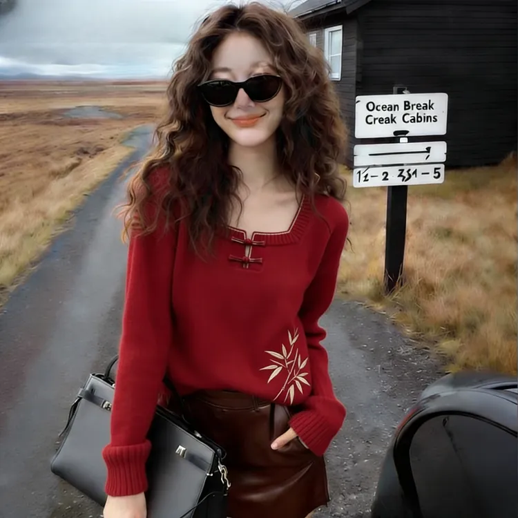 2025冬爆款针织衫上衣女气质减龄舒适方领宽松精致显瘦长袖上衣潮