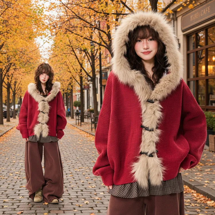 圣诞穿搭氛围感毛领毛衣女秋冬韩系慵懒风小众百搭针织开衫外套潮