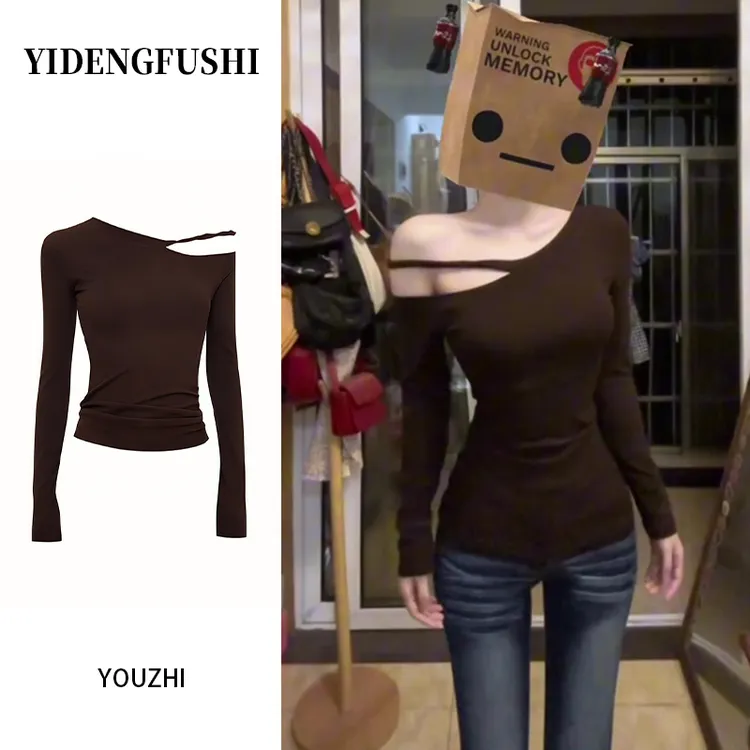 性感辣妹镂空斜肩长袖打底衫T恤秋冬新款修身纯欲内搭加绒上衣女