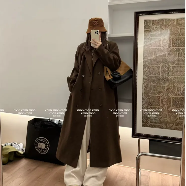 【吃不饱饱】大码 旧金山日落 设计款双排扣毛呢大衣长款显瘦7179