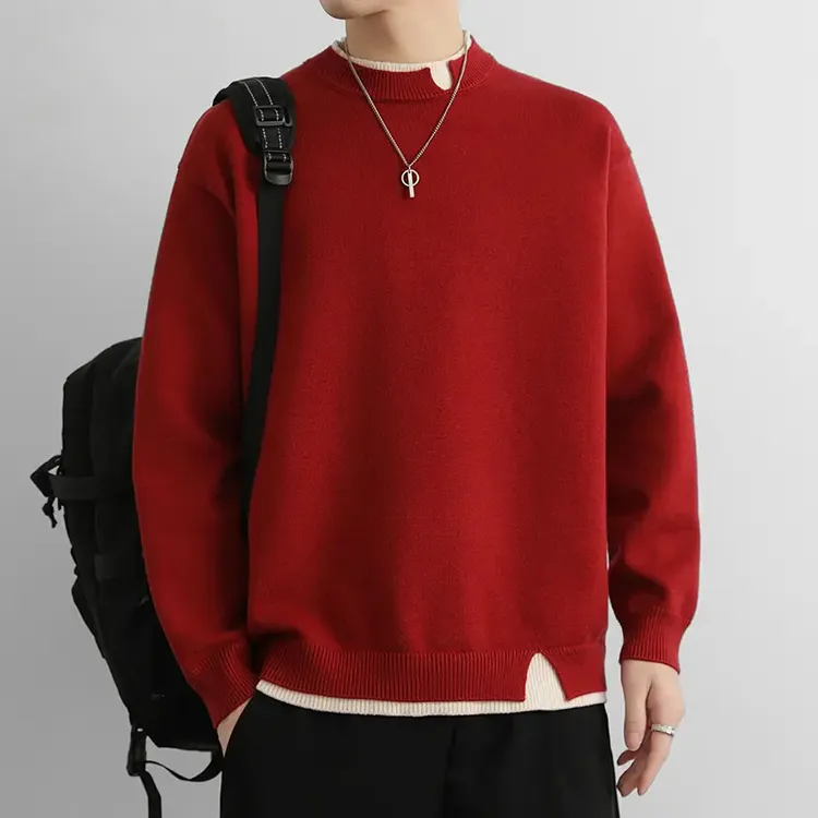 秋冬季假两件圆领毛衣男装休闲高级感大码宽松保暖红色针织衫外套
